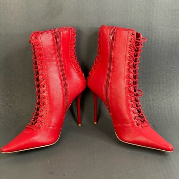 Steve Madden Red Allnight Leather Laced Stiletto Heel Booties womens size 6 new - Picture 5 of 10